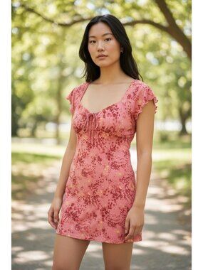 Abound Pink Floral Mini Dress With Tie Front & Flutter Sleeves - Size L